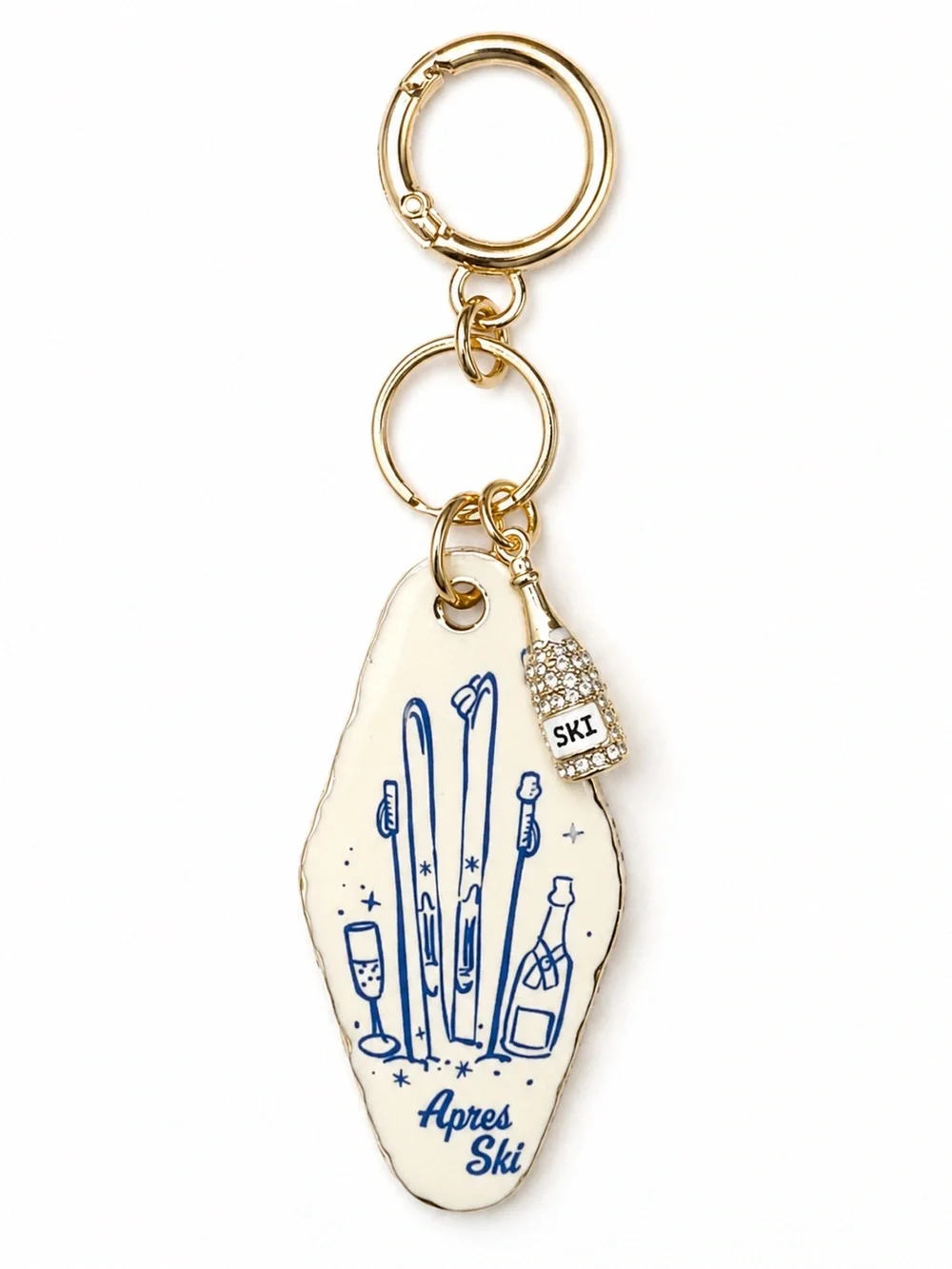 Piper K NWT Aprés Ski Bag Charm Key Chain Gold Rhinestone Champagne Bottle Motel